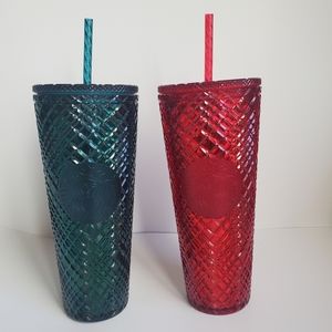 🎄(2)🎅Starbucks Green & Red🎅Holiday🤶 2021 Venti 💎Jeweled💎 Cold Cups🌲 NEW